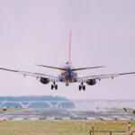 Airplane preparing for landing at the airport