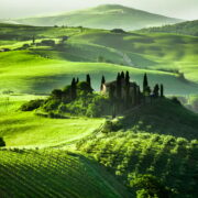 Beautiful sunrise in San Quirico d'Orcia, Tuscany, Italy