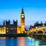 Westminster abbey and big ben in the London skyline at night, London, UK