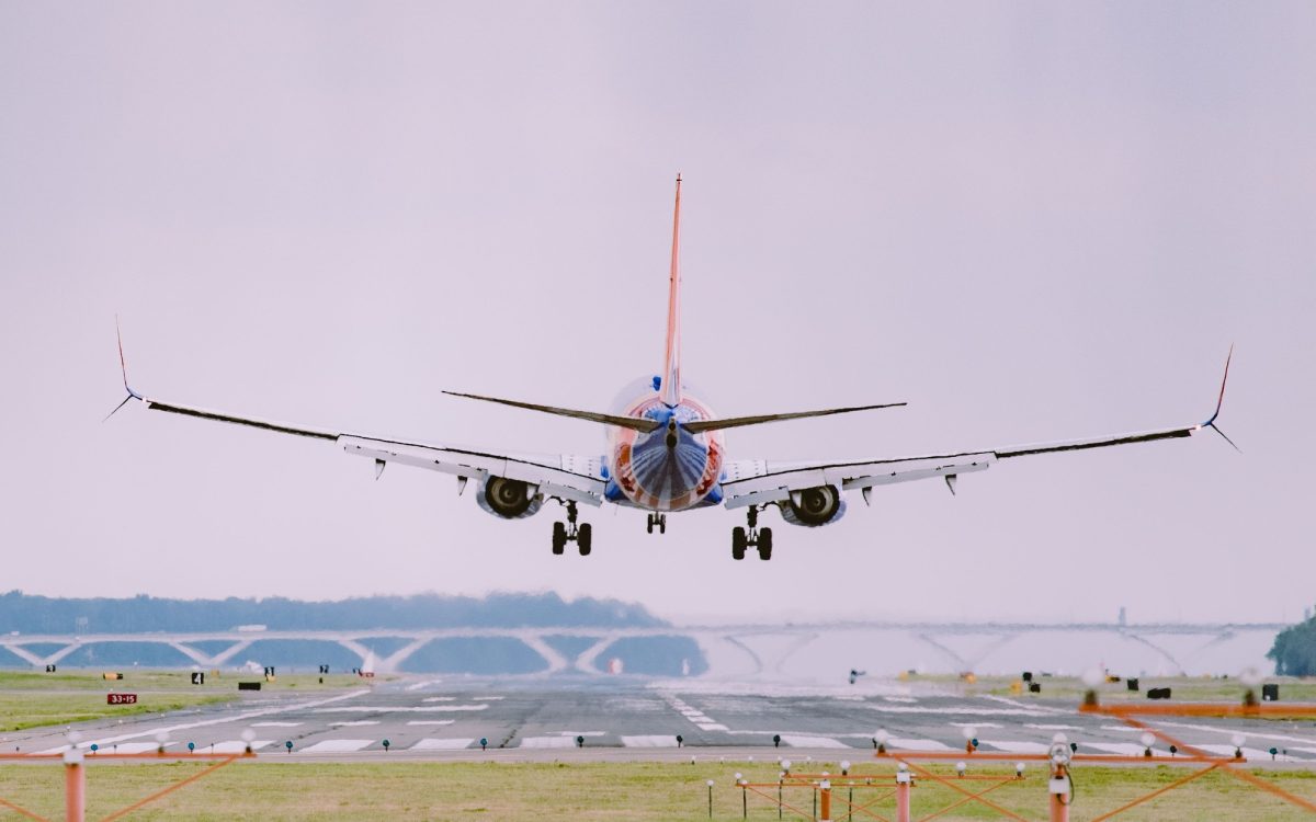 Airplane preparing for landing at the airport